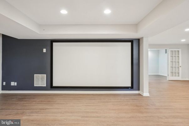 Empty room, Interior, Projection Screen, Recessed Lighting, Wood Texture Flooring