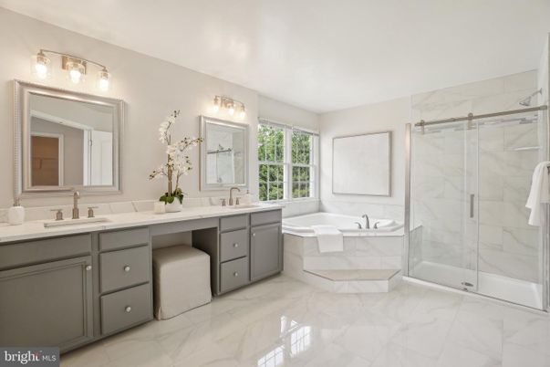 Bathroom, Dual Sink Vanities, Glass Shower, Interior, Marble, Marble Walls