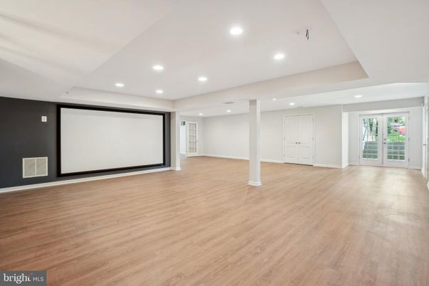 Empty room, Interior, Projection Screen, Recessed Lighting, Wood Texture Flooring