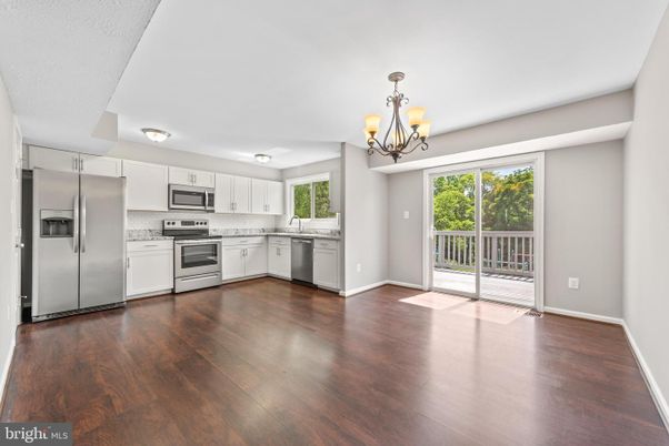 Chandelier, Interior, Kitchen, Stainless Steel Appliances, Wood Texture Flooring