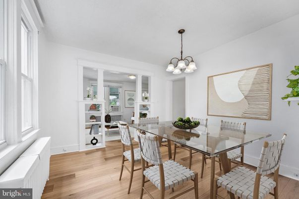 Dining room, Fireplace, Interior, Pendant Lights, Wood Texture Flooring