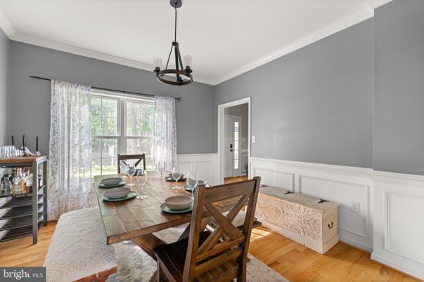 Dining room, Interior, Pendant Lights, Wood Texture Flooring