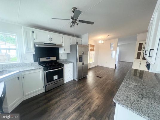 Chandelier, Interior, Kitchen, Stainless Steel Appliances, Wood Texture Flooring