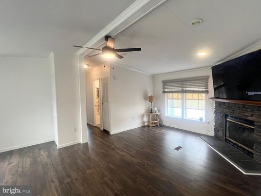 Empty room, Fireplace, Interior, Recessed Lighting, Wood Texture Flooring