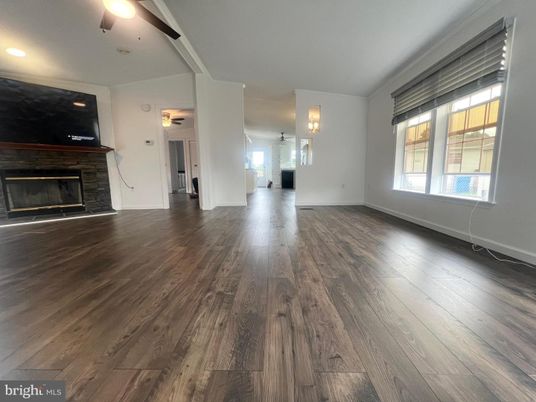 Empty room, Fireplace, Interior, Recessed Lighting, Wood Texture Flooring