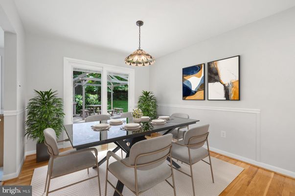 Dining room, Interior, Pendant Lights, Wood Texture Flooring
