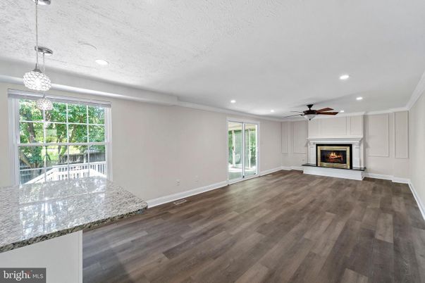 Empty room, Fireplace, Interior, Pendant Lights, Recessed Lighting, Wood Texture Flooring