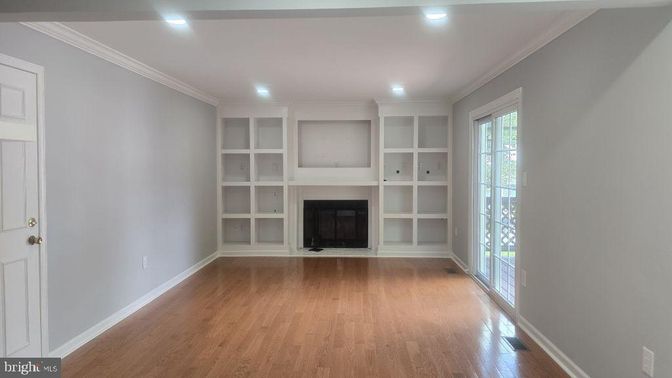 Empty room, Fireplace, Interior, Recessed Lighting, Wood Texture Flooring