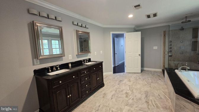 Bathroom, Dual Sink Vanities, Glass Shower, Interior, Marble, Recessed Lighting