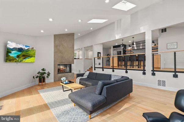 Fireplace, Interior, Kitchen, Living room, Recessed Lighting, Wood Texture Flooring