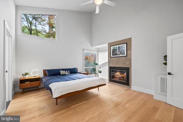 Bedroom, Fireplace, Interior, Wood Texture Flooring