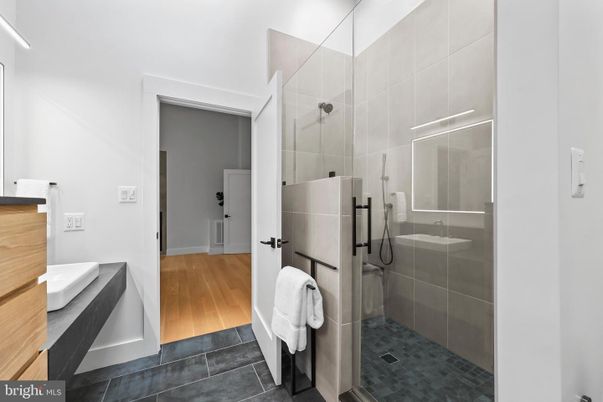Bathroom, Glass Shower, Interior, Wood Texture Flooring