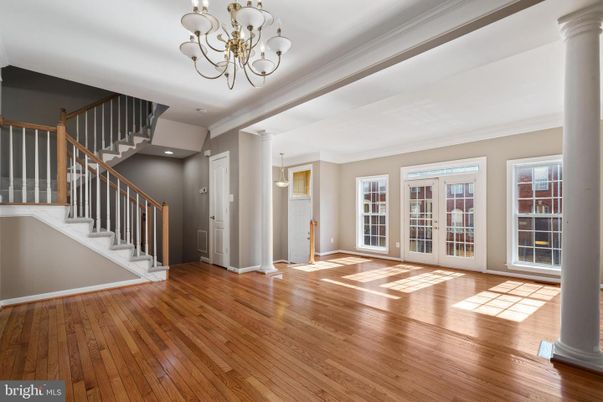 Chandelier, Empty room, Interior, Recessed Lighting, Wood Texture Flooring