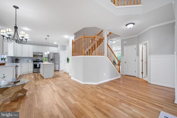 Chandelier, Interior, Kitchen, Pendant Lights, Recessed Lighting, Stainless Steel Appliances, Wood Texture Flooring