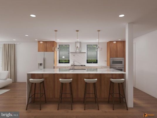 Interior, Kitchen, Marble Walls, Pendant Lights, Recessed Lighting, Wood Texture Flooring