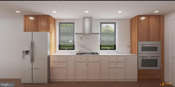 Interior, Kitchen, Marble Walls, Recessed Lighting, Wood Texture Flooring