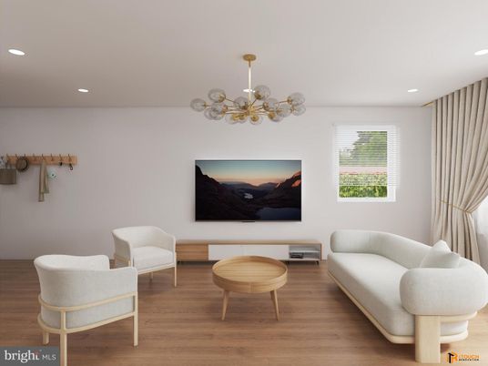 Interior, Living room, Pendant Lights, Recessed Lighting, Wood Texture Flooring