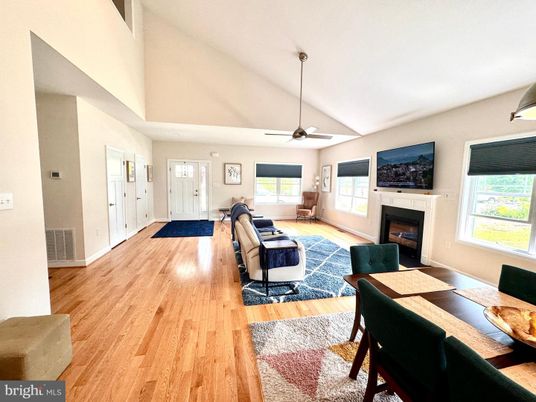Dining room, Fireplace, Interior, Living room, Wood Texture Flooring