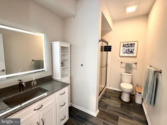 Bathroom, Glass Shower, Interior, Wood Texture Flooring