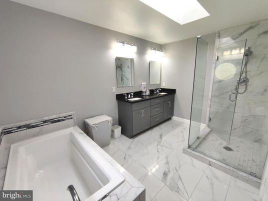 Bathroom, Dual Sink Vanities, Glass Shower, Interior, Marble, Marble Walls