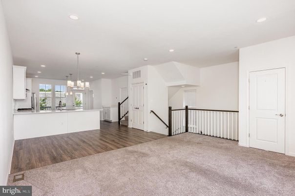 Empty room, Interior, Kitchen, Pendant Lights, Recessed Lighting, Wood Texture Flooring