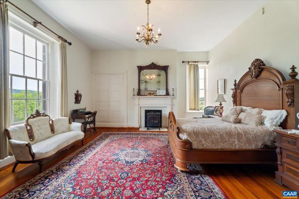 Bedroom, Chandelier, Fireplace, Interior, Wood Texture Flooring