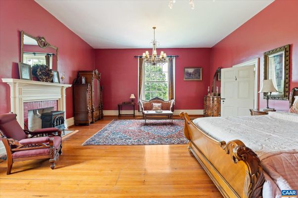 Bedroom, Chandelier, Fireplace, Interior, Wood Texture Flooring