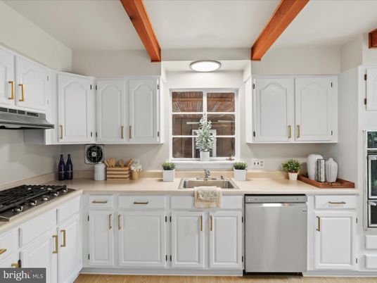 Interior, Kitchen, Stainless Steel Appliances, Wooden Beams, Wood Texture Flooring