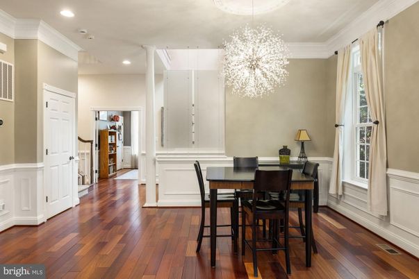 Chandelier, Dining room, Interior, Recessed Lighting, Wood Texture Flooring