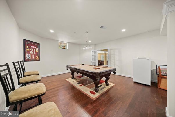 Billiard Table, Game Room, Interior, Pendant Lights, Recessed Lighting, Wood Texture Flooring