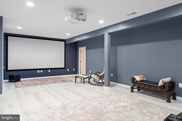 Interior, Projection Screen, Recessed Lighting, Wood Texture Flooring
