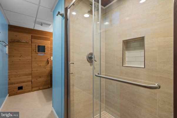 Bathroom, Glass Shower, Interior, Recessed Lighting, Wooden Walls