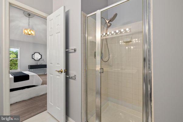 Bathroom, Glass Shower, Interior, Pendant Lights, Wood Texture Flooring