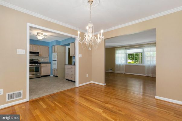 Chandelier, Empty room, Interior, Kitchen, Stainless Steel Appliances, Wood Texture Flooring