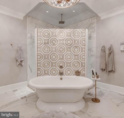 Bathroom, Free Standing Baths, Interior, Marble, Marble Walls, Recessed Lighting