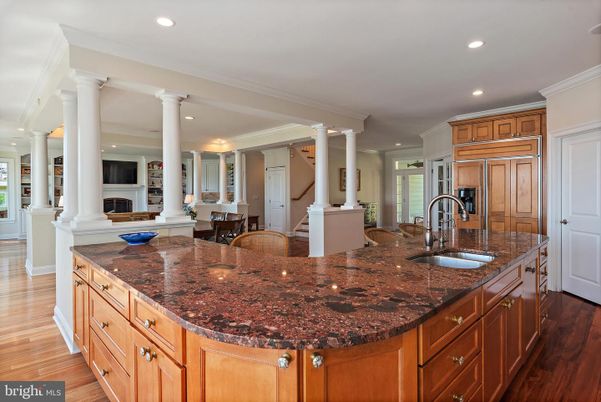 Dining room, Fireplace, Interior, Kitchen, Recessed Lighting, Wood Texture Flooring