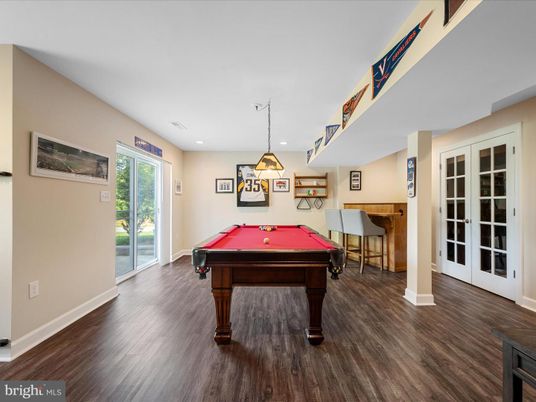 Billiard Table, Game Room, Interior, Pendant Lights, Recessed Lighting, Wood Texture Flooring