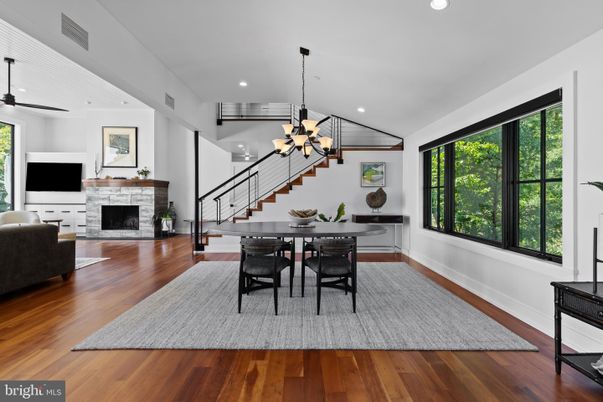 Chandelier, Dining room, Fireplace, Interior, Pendant Lights, Recessed Lighting, Wood Texture Flooring