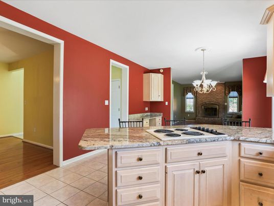 Chandelier, Fireplace, Interior, Kitchen, Pendant Lights, Wood Texture Flooring