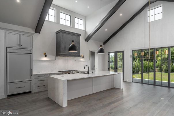 Interior, Kitchen, Marble Walls, Pendant Lights, Recessed Lighting, Wood Texture Flooring