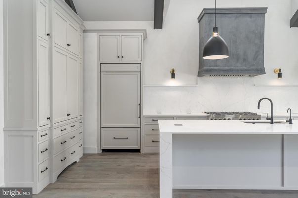 Interior, Kitchen, Marble Walls, Pendant Lights, Wood Texture Flooring