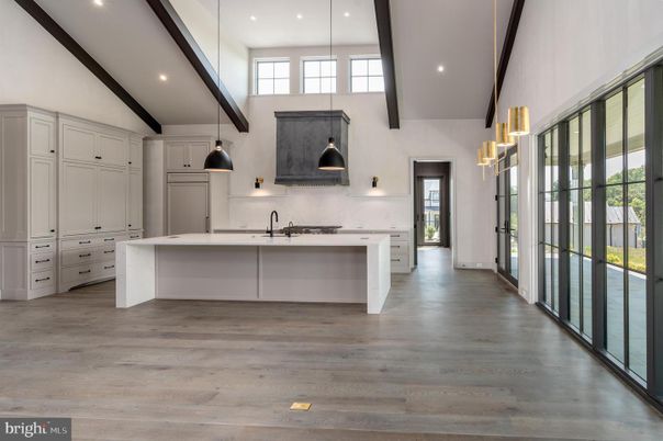 Interior, Kitchen, Marble Walls, Pendant Lights, Recessed Lighting, Wood Texture Flooring