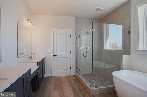 Bathroom, Dual Sink Vanities, Free Standing Baths, Glass Shower, Interior, Wood Texture Flooring