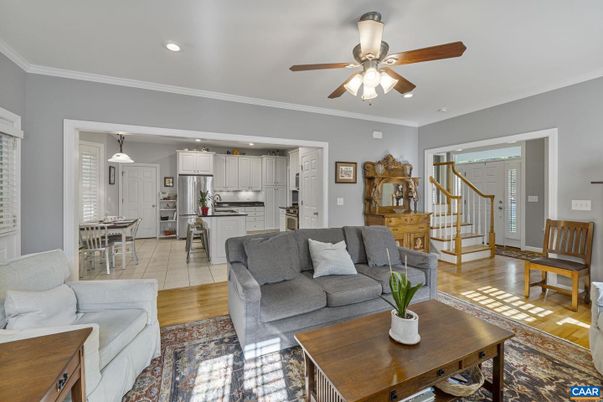 Dining room, Interior, Kitchen, Living room, Pendant Lights, Recessed Lighting, Stainless Steel Appliances, Wood Texture Flooring