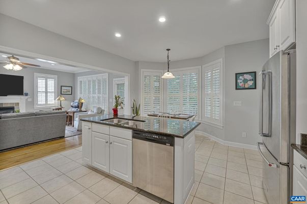 Dining room, Fireplace, Interior, Kitchen, Living room, Pendant Lights, Recessed Lighting, Wood Texture Flooring