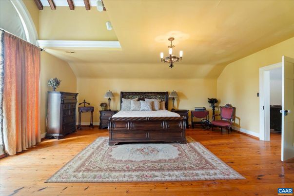 Bedroom, Chandelier, Interior, Wood Texture Flooring