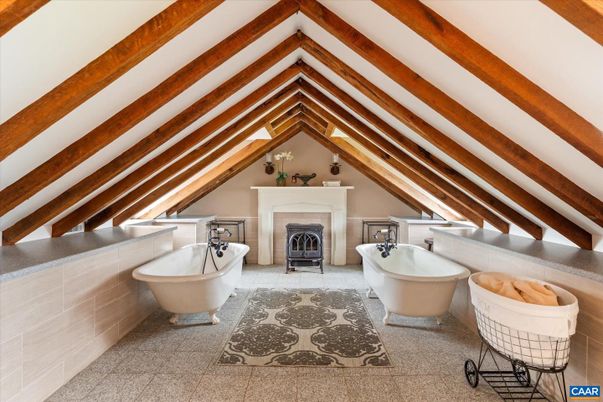 Bathroom, Fireplace, Free Standing Baths, Interior, Wooden Beams