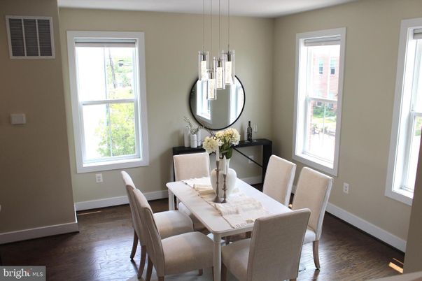Dining room, Interior, Pendant Lights, Wood Texture Flooring
