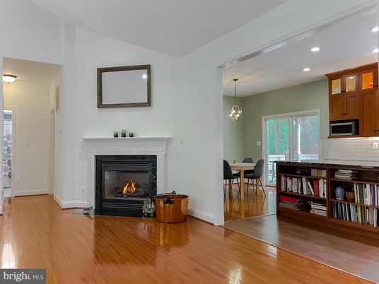 Chandelier, Dining room, Fireplace, Interior, Pendant Lights, Recessed Lighting, Wood Texture Flooring