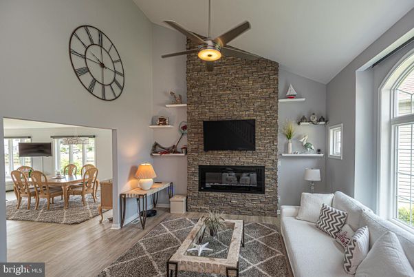 Dining room, Fireplace, Interior, Living room, Stone Walls, Wood Texture Flooring